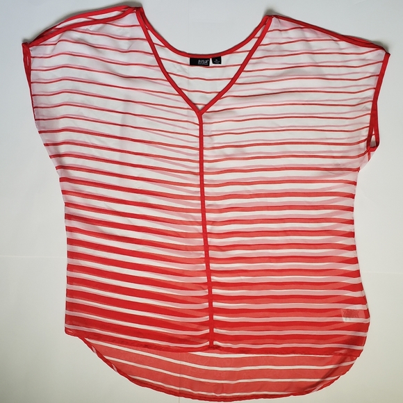 a.n.a Sheer Orange & White Stripe Short Sleeve Cold Shoulder Blouse - XL - Picture 3 of 8